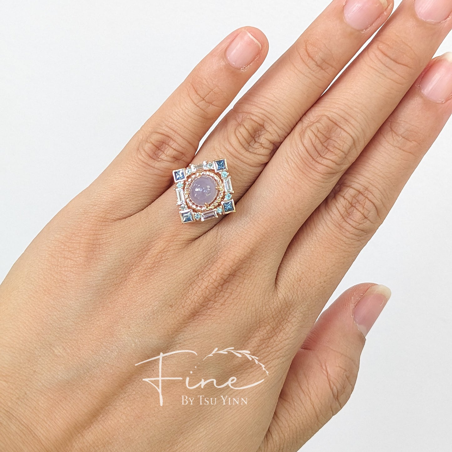 RG FBTY Brigette Halo Ring with Lavender Jadeite, Paraiba Tourmalines, and Teal and White Sapphires