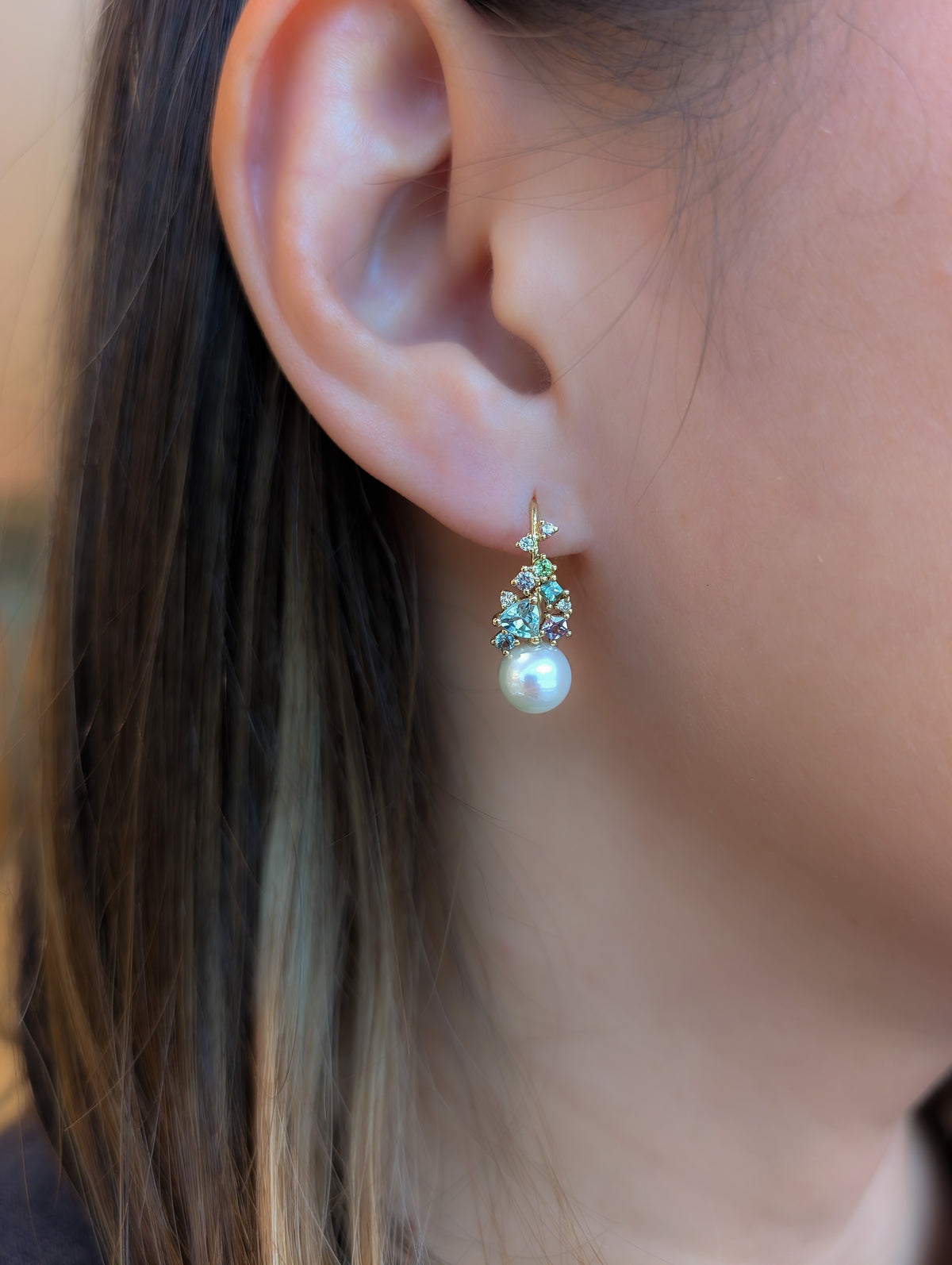 Akoya Pearl Messy Band Hook Earrings (Green Hues)