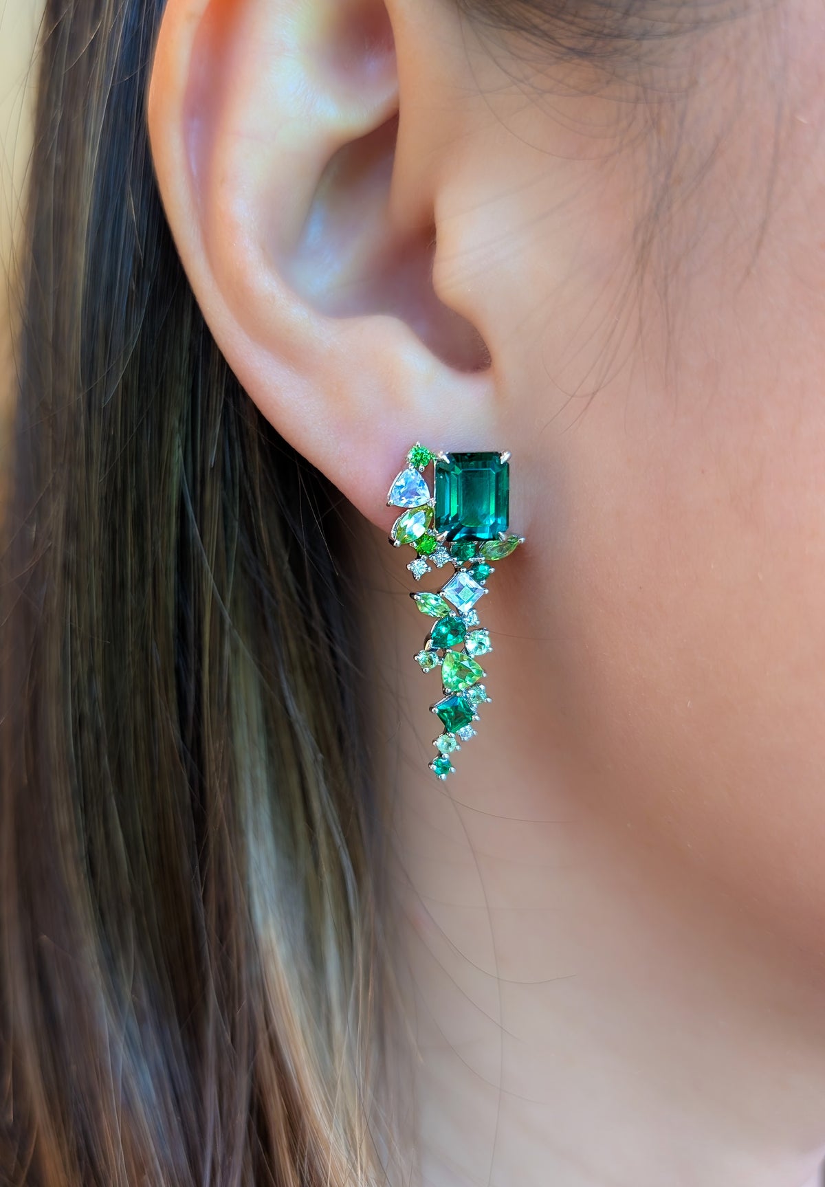 Emerald Cut Green Tourmaline Detachable Messy Drape Earrings