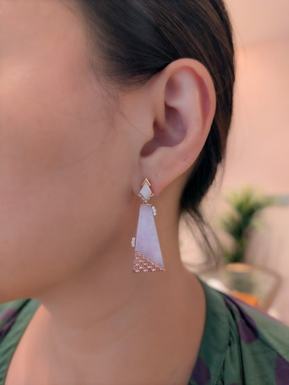Mismatch Pink Tourmaline and Tanzanite Trapezoid Lavender Jadeite Earrings
