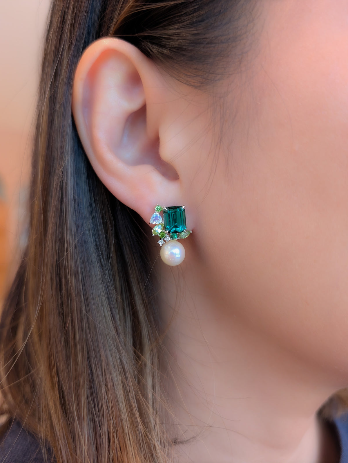 Emerald Cut Green Tourmaline Detachable Messy Drape Earrings