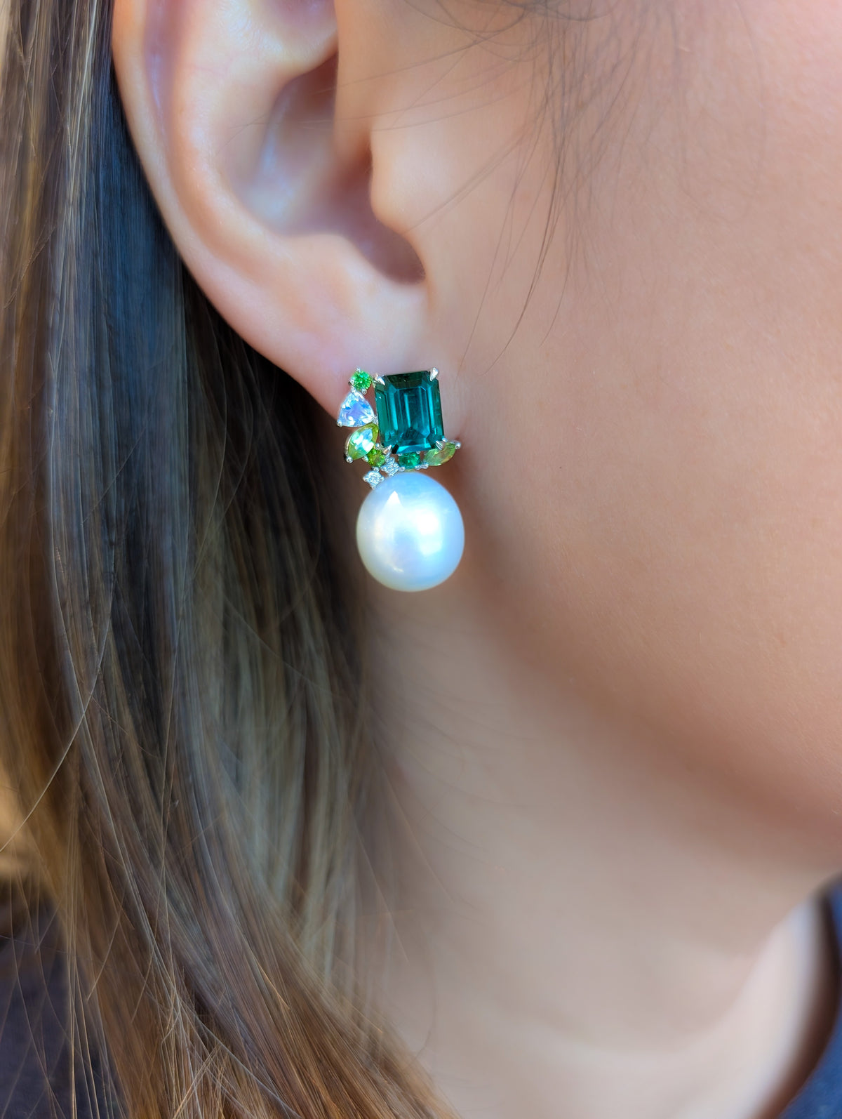 Emerald Cut Green Tourmaline Detachable Messy Drape Earrings