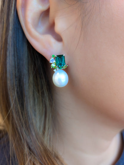 Emerald Cut Green Tourmaline Detachable Messy Drape Earrings