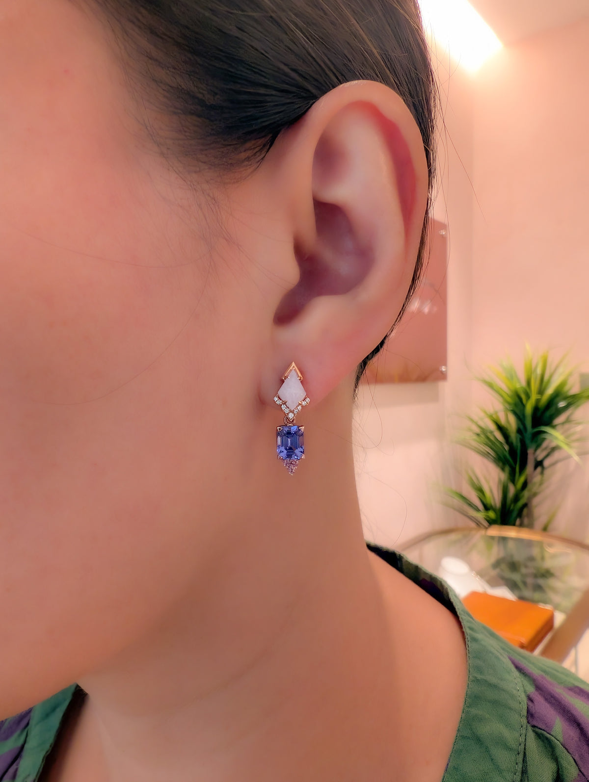 Mismatch Pink Tourmaline and Tanzanite Trapezoid Lavender Jadeite Earrings