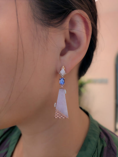 Mismatch Pink Tourmaline and Tanzanite Trapezoid Lavender Jadeite Earrings
