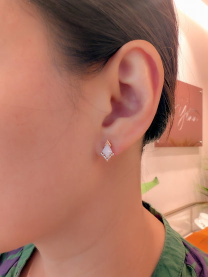 Mismatch Pink Tourmaline and Tanzanite Trapezoid Lavender Jadeite Earrings