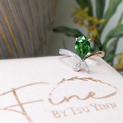 FBTY Diana Ring with Pear Tsavorite and Hexagon Diamond