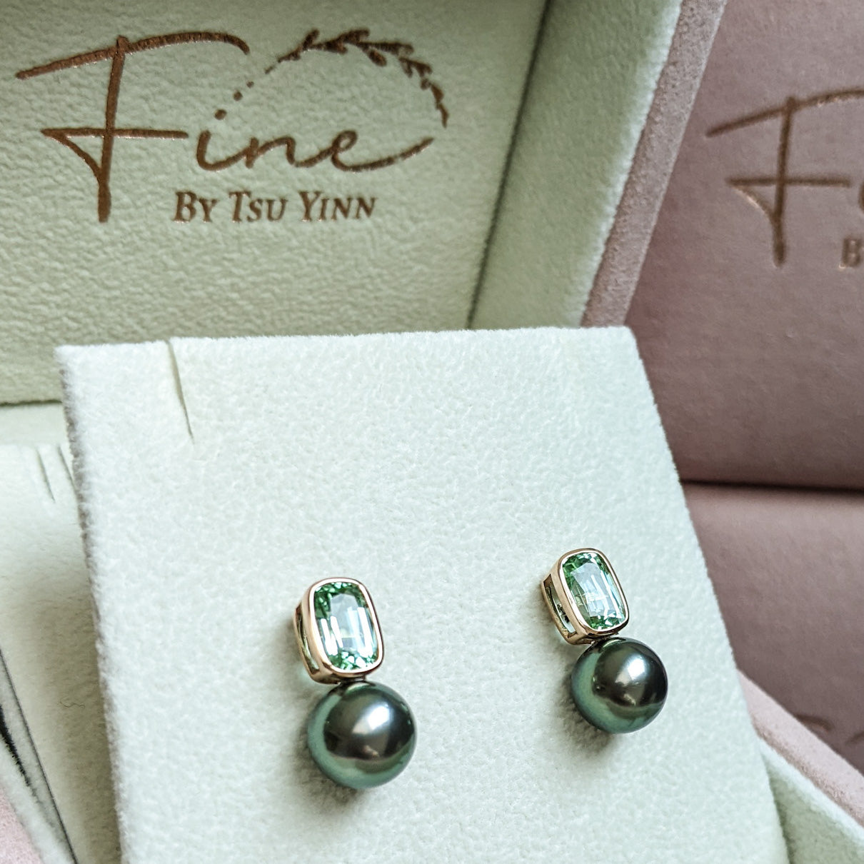 RG Green Tourmaline Peacock Tahitian Pearls Earrings