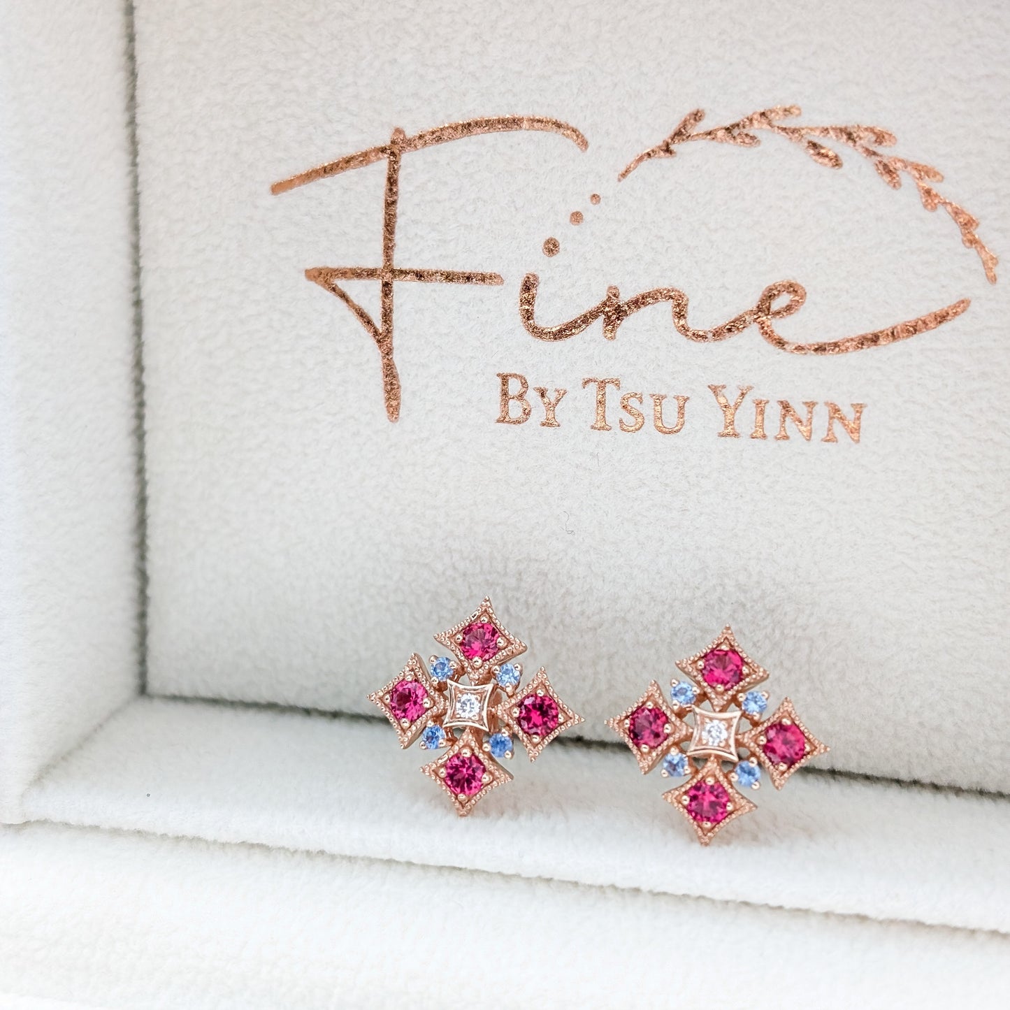 FBTY Norbayah Earrings in Reddish Pink Spinels, Blue Sapphires and Diamonds