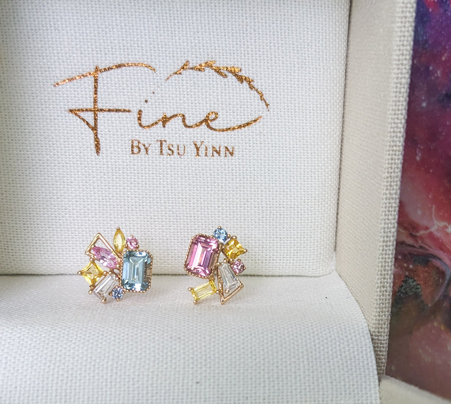 FBTY Petite Studs:  Mismatched Aquamarine and Pink Tourmaline with Sapphires and Spinels