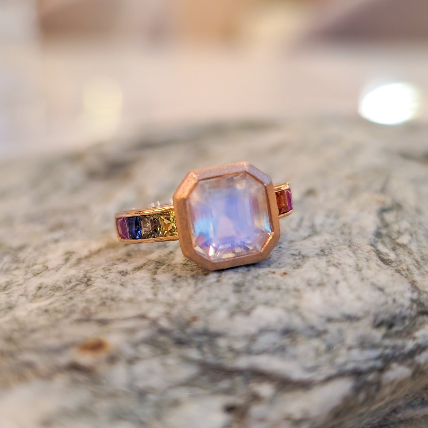 Moonstone and Rainbow Sapphire Ring