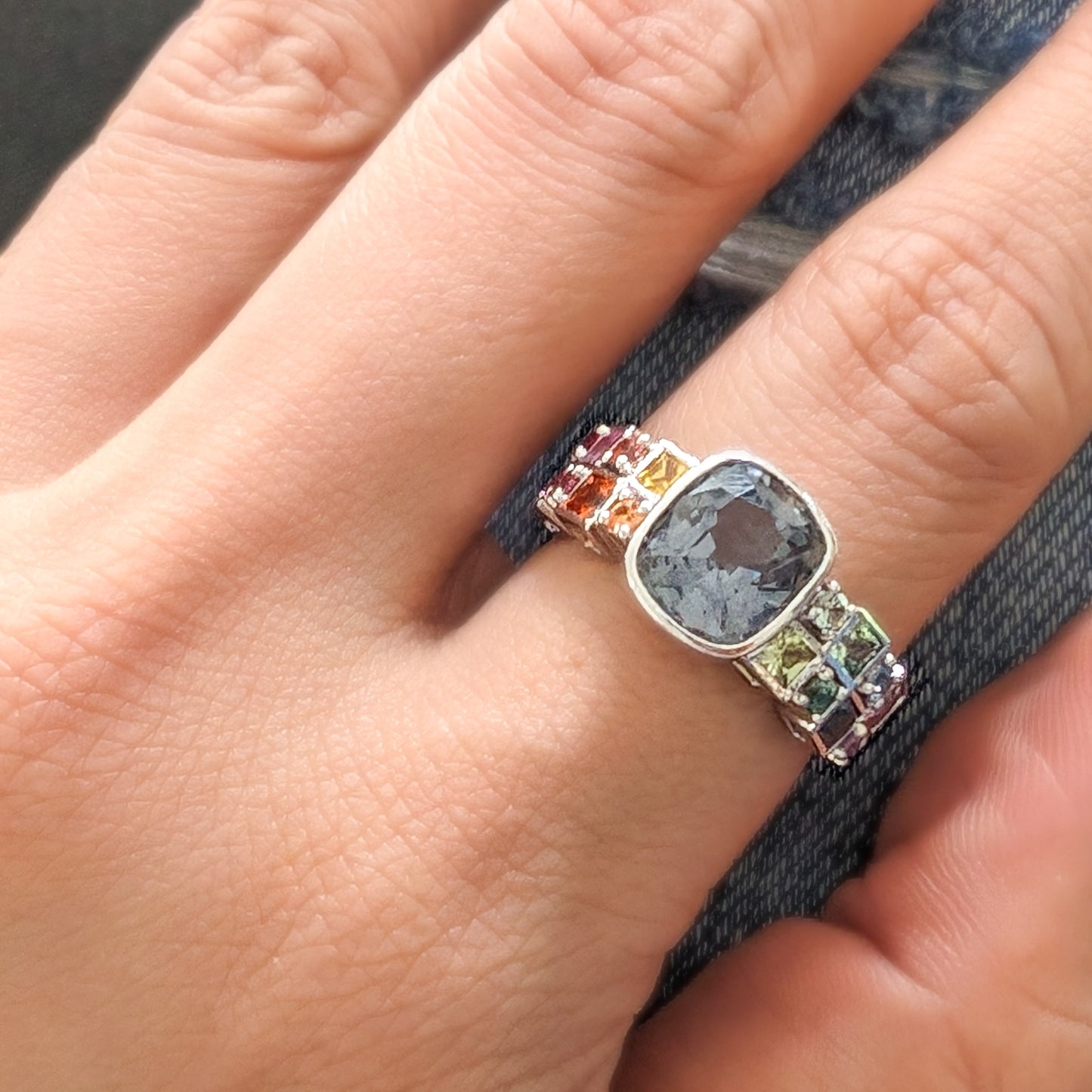 WG Grey Spinel and Rainbow Gemstones Ring