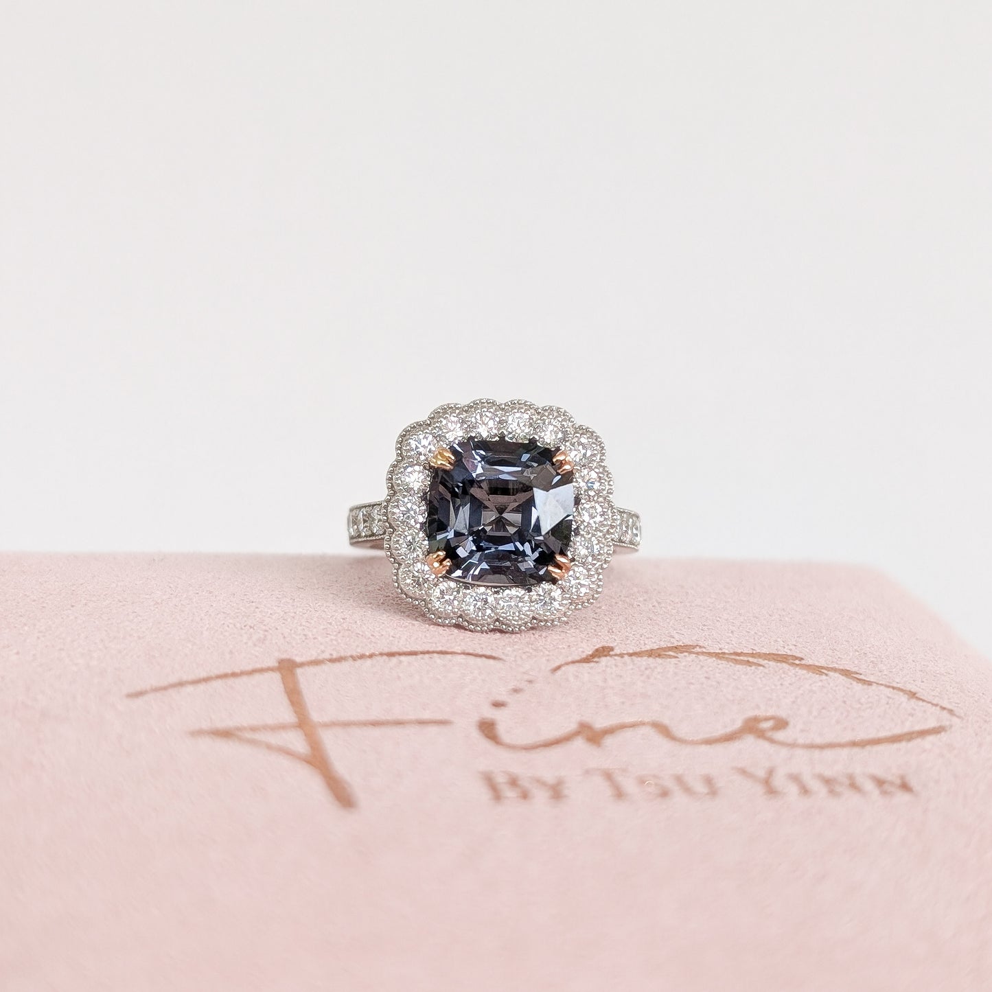 Grey Spinel Diamond Halo Double Bezel Ring