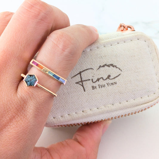 FBTY Karina Ring in Rose Gold with Hexagon Grey Spinel and Baguette Rainbow Sapphires