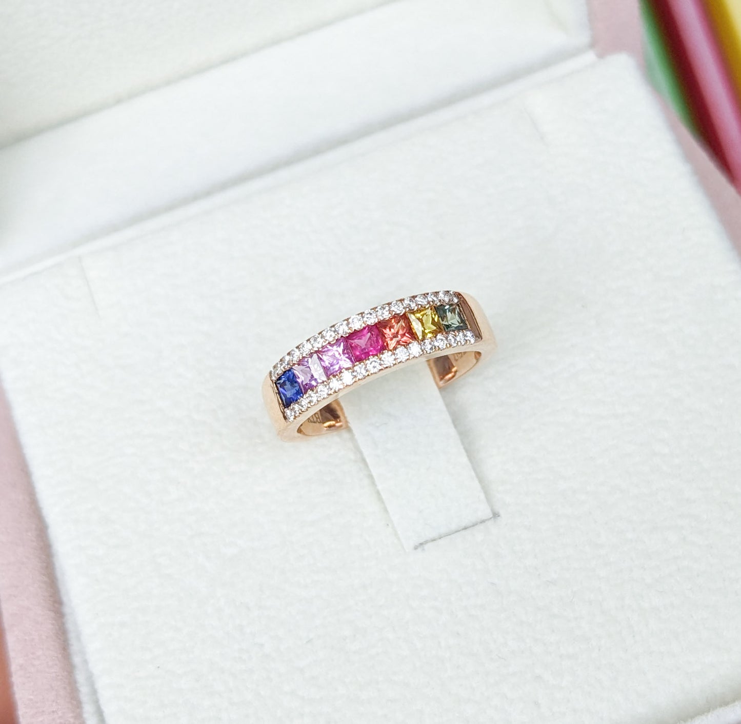 RG Princess Cut Rainbow Sapphires and White Diamonds Ring