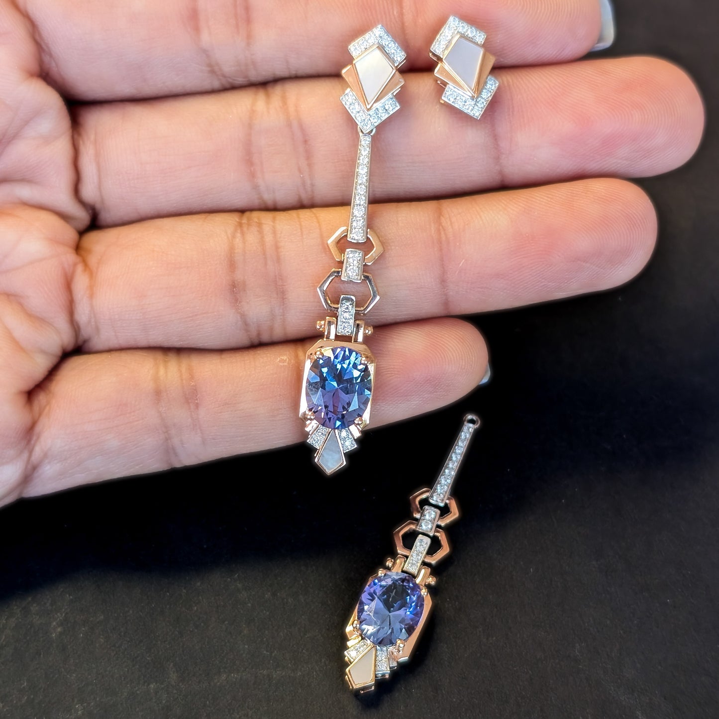 Art Deco Inspired Tanzanite Drop Earrings (Detachable)