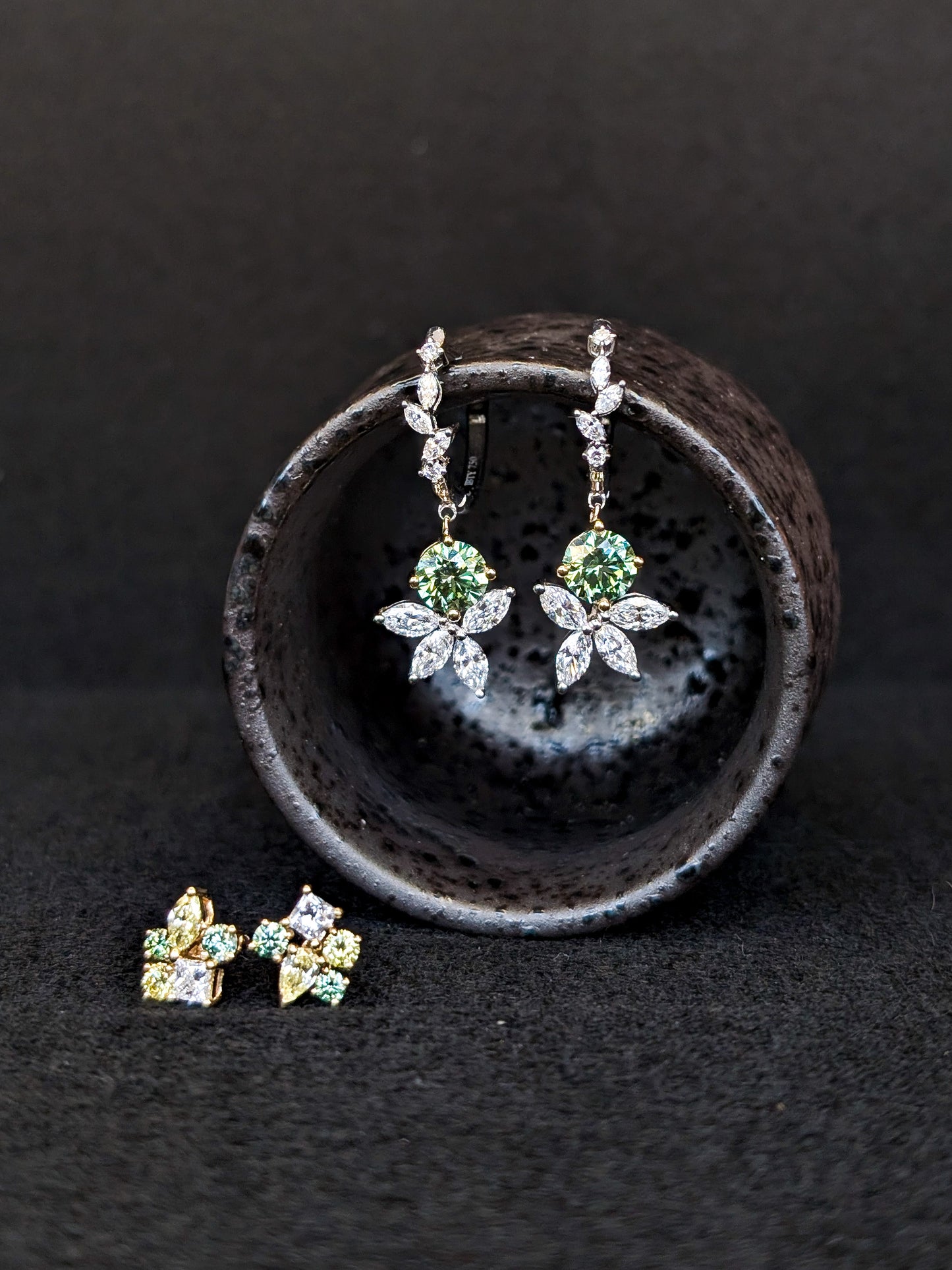 Lab Grown Green Yellow White Diamond Cluster Studs (A)