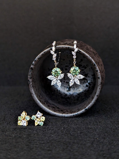 Lab Grown Green Yellow White Diamond Cluster Studs (A)