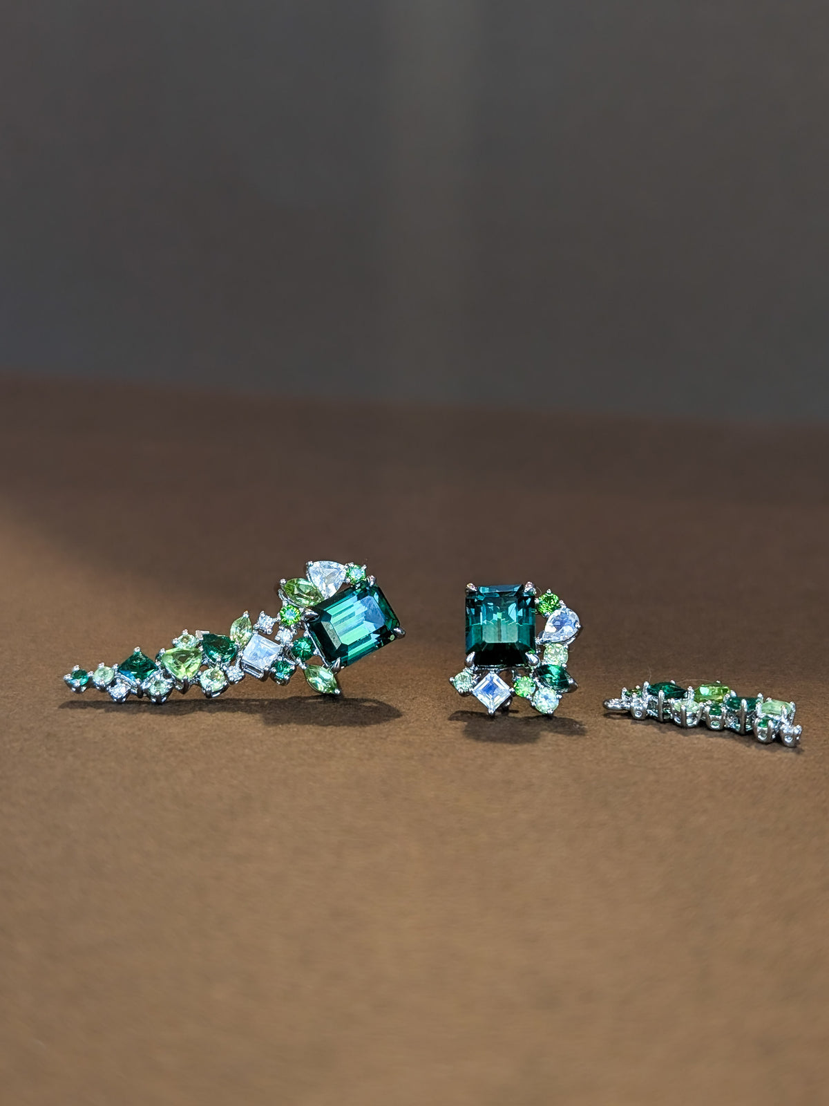 Emerald Cut Green Tourmaline Detachable Messy Drape Earrings
