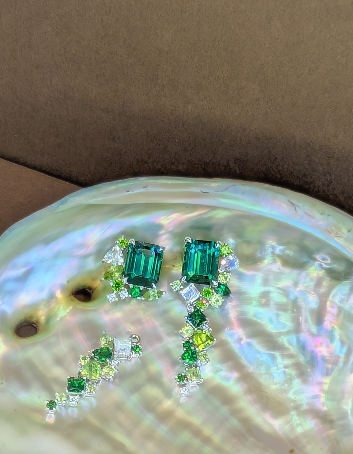 Emerald Cut Green Tourmaline Detachable Messy Drape Earrings