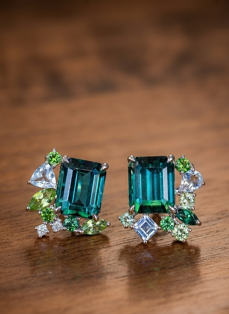 Emerald Cut Green Tourmaline Detachable Messy Drape Earrings
