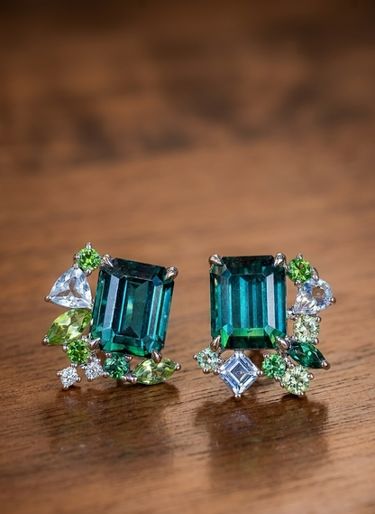 Emerald Cut Green Tourmaline Detachable Messy Drape Earrings