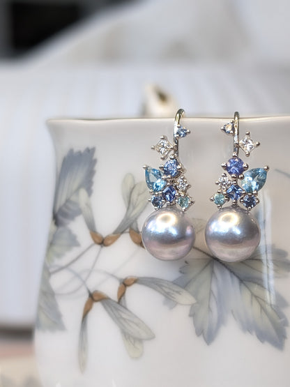 Akoya Pearl Messy Band Hook Earrings (Blue Hues)