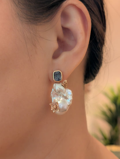Grey Spinel Butterfly Baroque Pearl Earrings