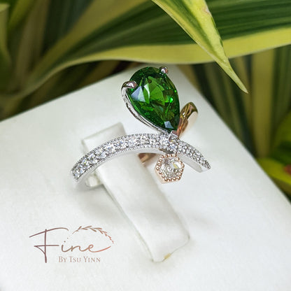 FBTY Diana Ring with Pear Tsavorite and Hexagon Diamond