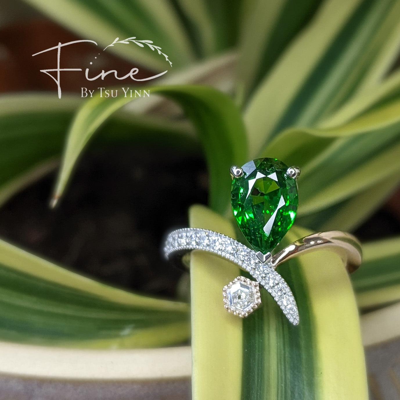 FBTY Diana Ring with Pear Tsavorite and Hexagon Diamond
