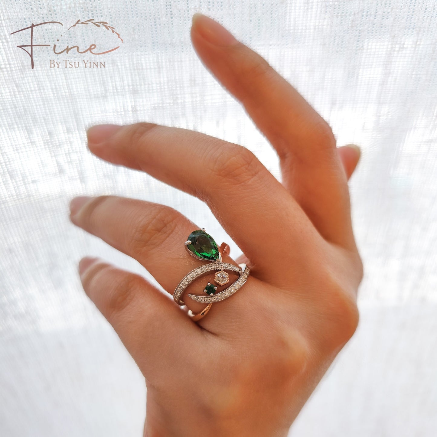 FBTY Diana Ring with Pear Tsavorite and Hexagon Diamond