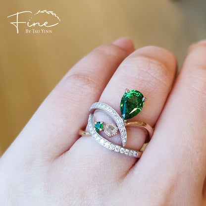 FBTY Diana Ring with Pear Tsavorite and Hexagon Diamond