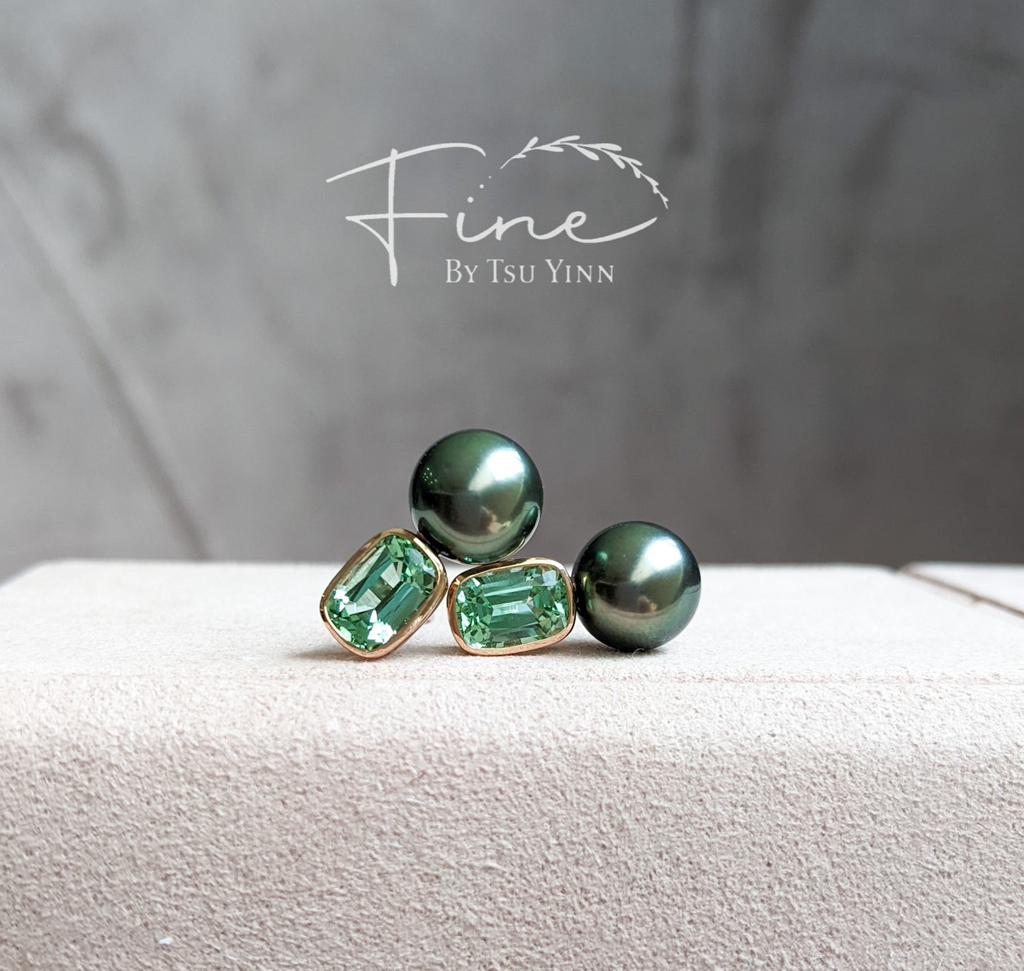 RG Green Tourmaline Peacock Tahitian Pearls Earrings