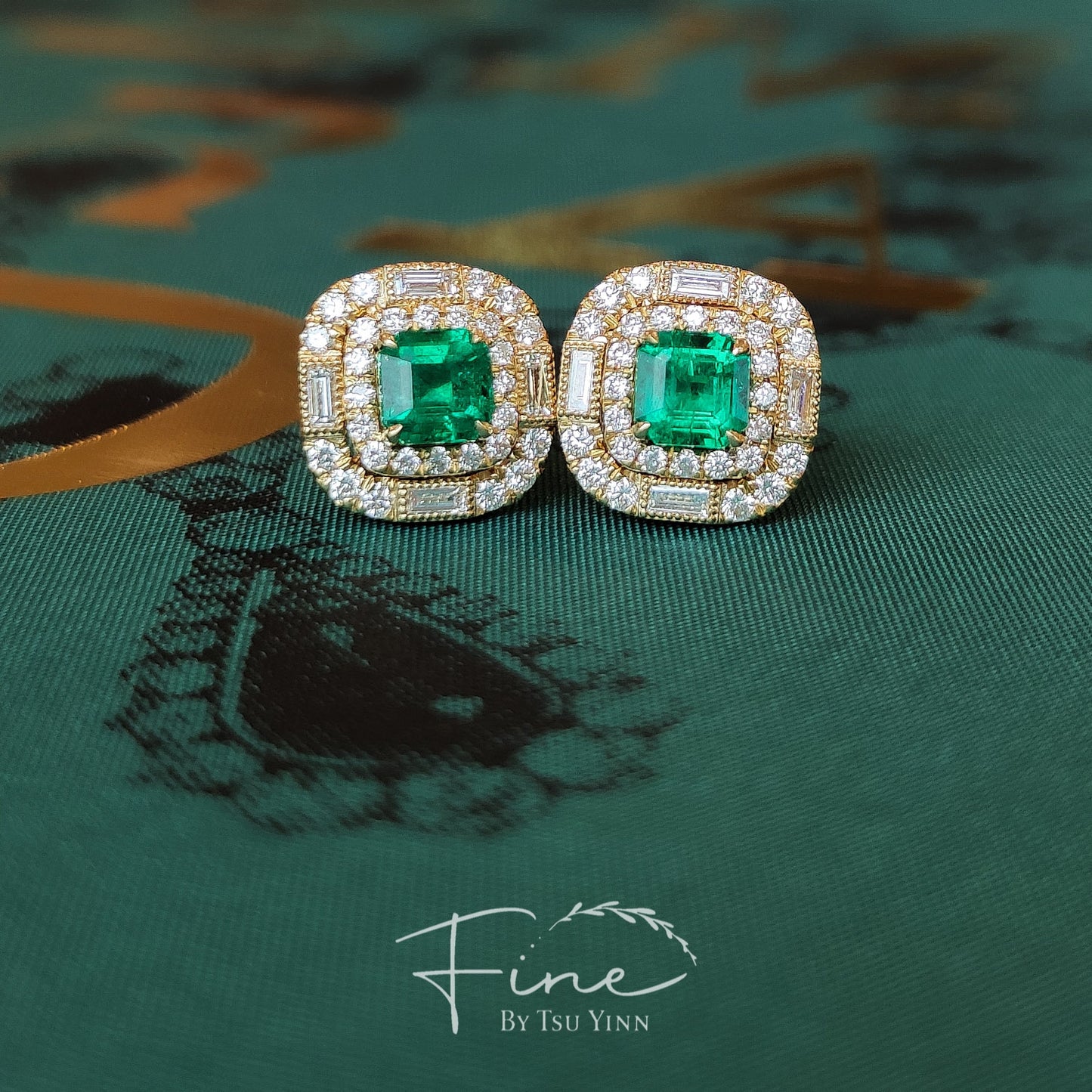 YG Emerald Double Diamond Halo Earrings
