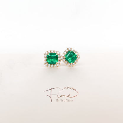 YG Emerald Double Diamond Halo Earrings
