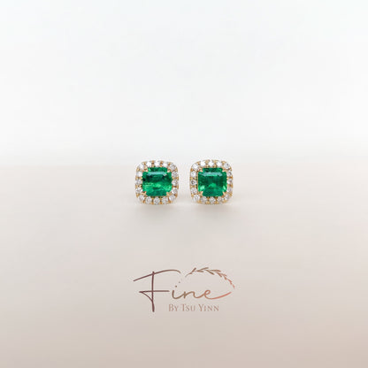 YG Emerald Double Diamond Halo Earrings