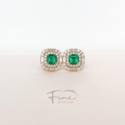 YG Emerald Double Diamond Halo Earrings