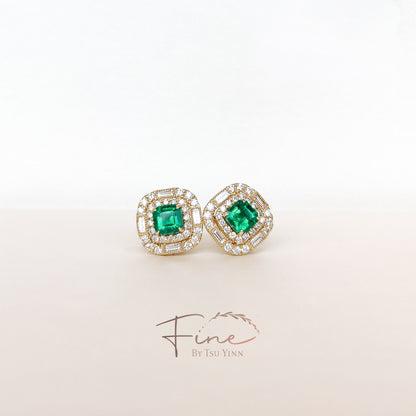 YG Emerald Double Diamond Halo Earrings