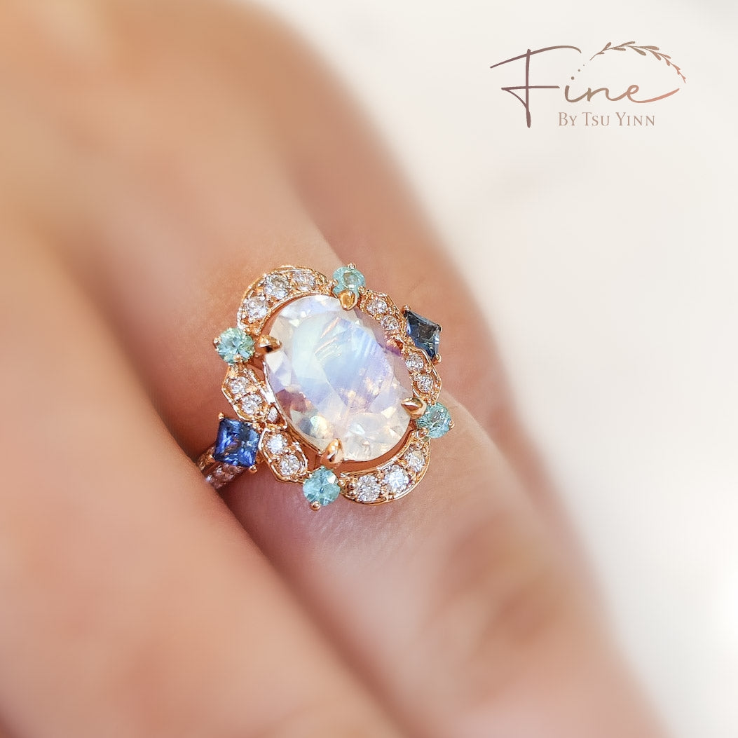 FBTY Kyra Ring with Moonstone, Paraiba Tourmalines, Blue Sapphires and Diamonds
