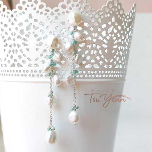 Multiwear Keshi Pearl Baubles Earrings Amazonite in Silver