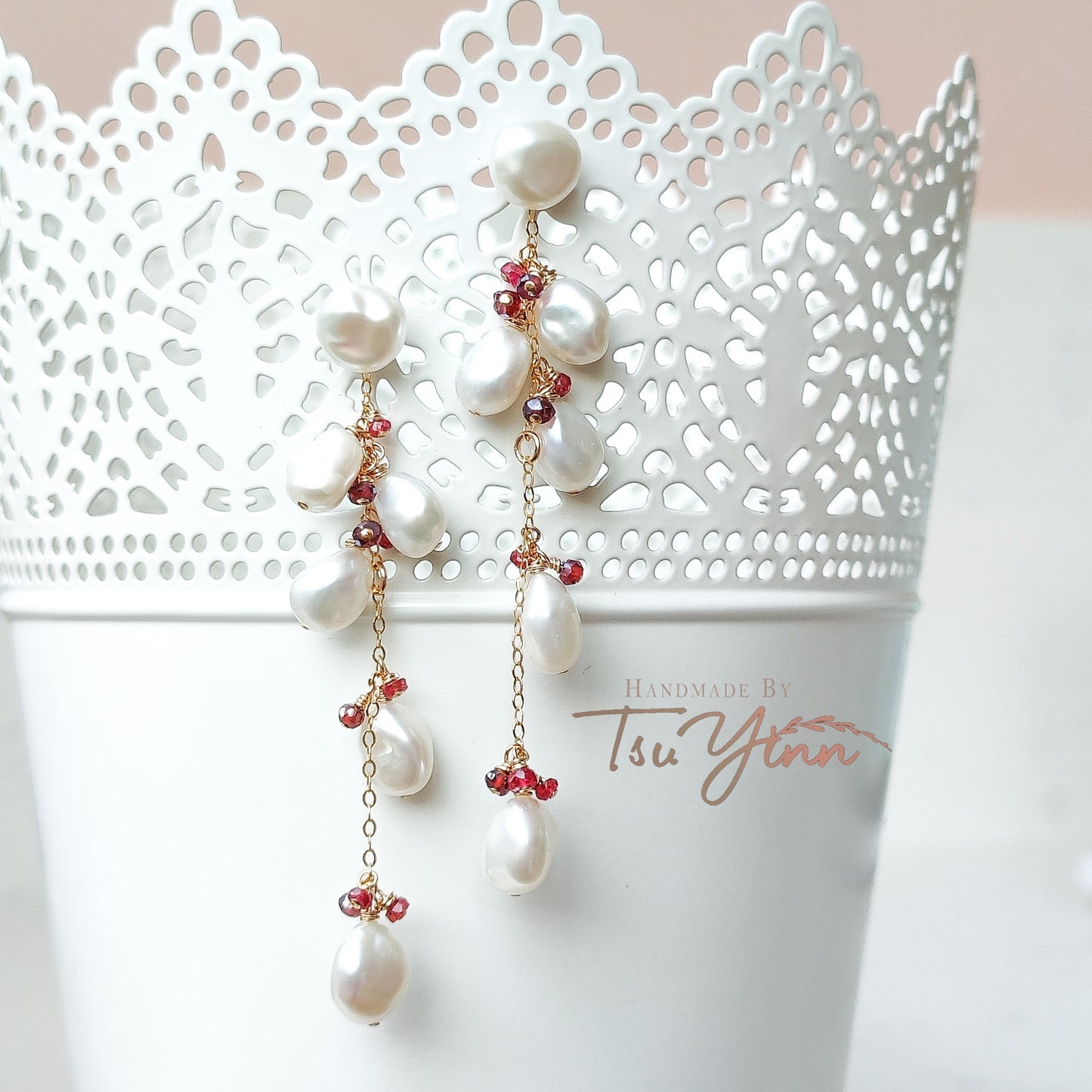 Multiwear Keshi Pearl Baubles Earrings Garnet & Dyed Ruby in YG