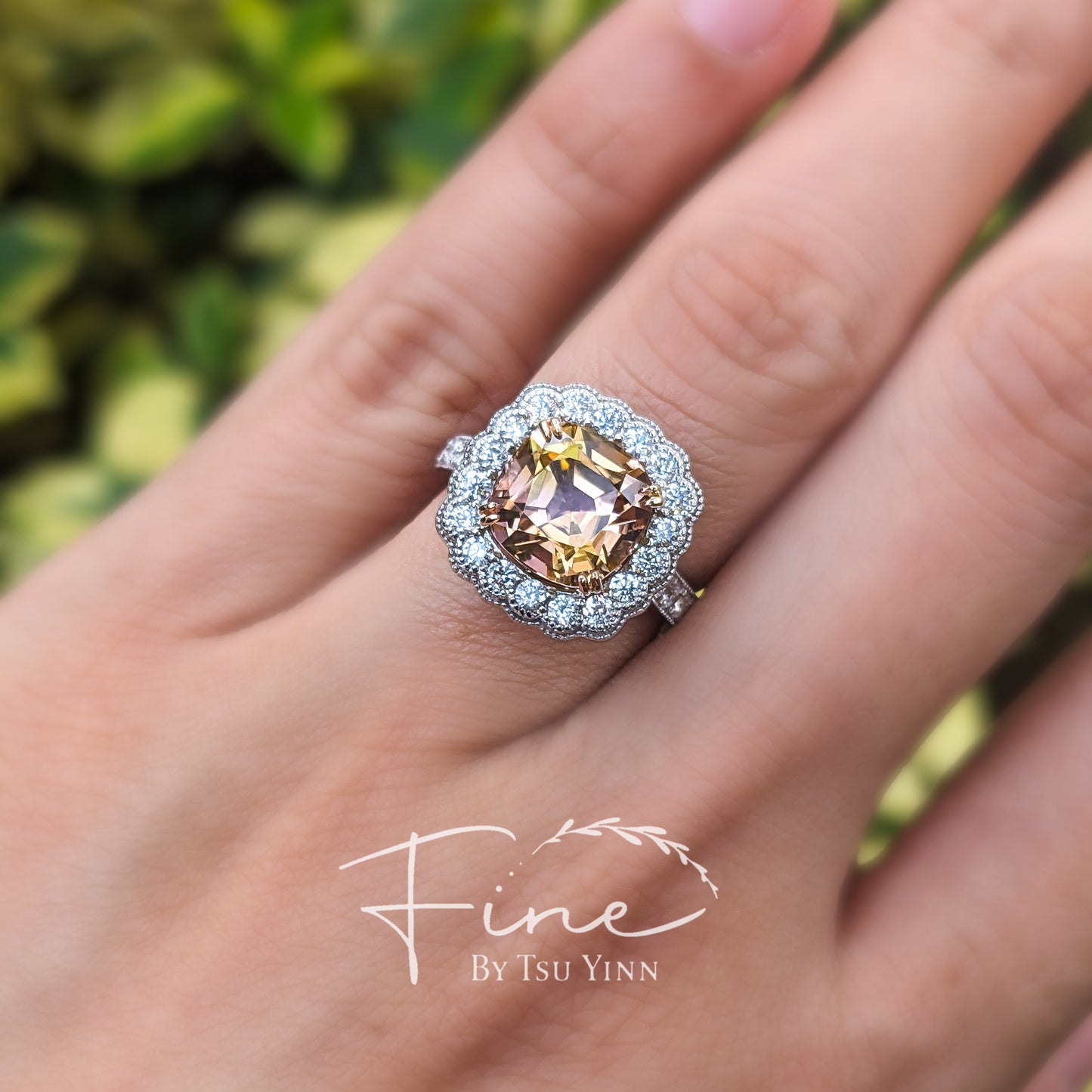 WG RG Sunset Tourmaline Double Bezel Diamond Halo Diamond Half Band Ring