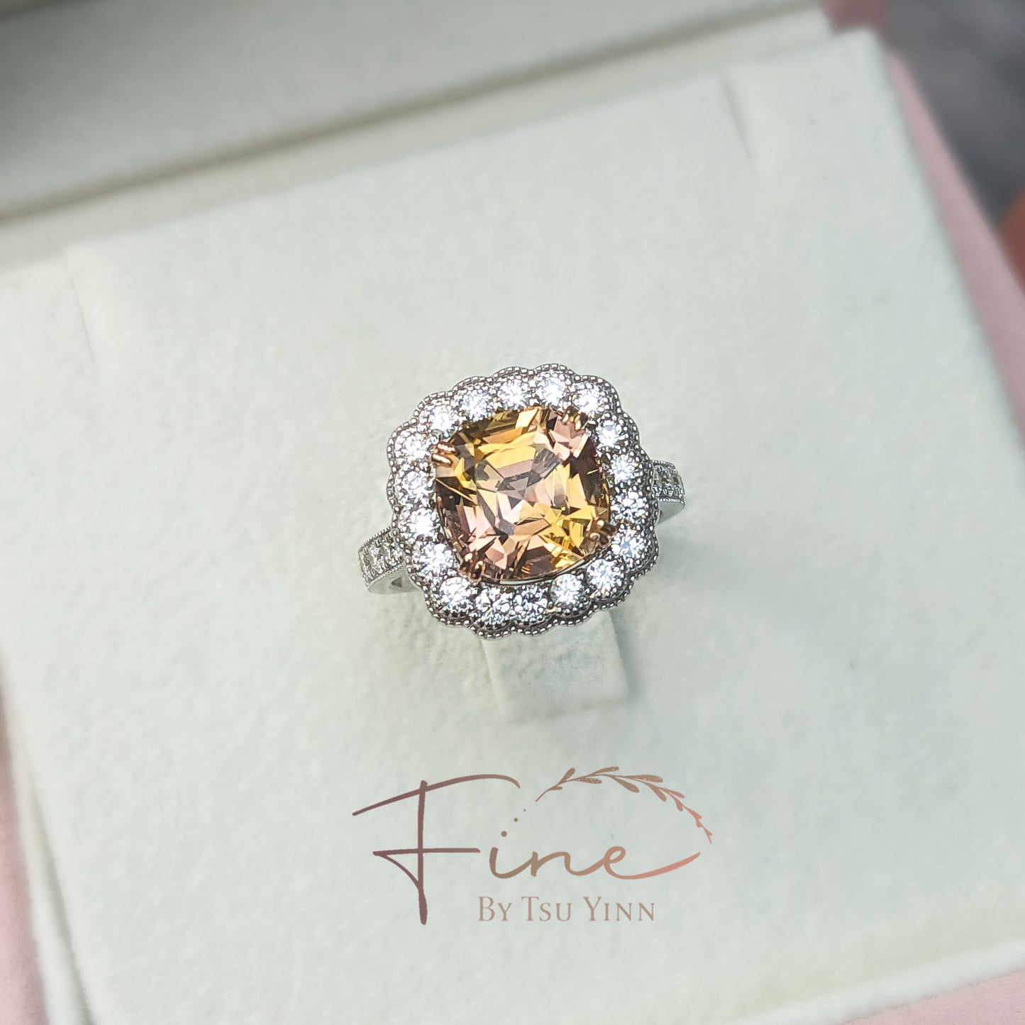 WG RG Sunset Tourmaline Double Bezel Diamond Halo Diamond Half Band Ring