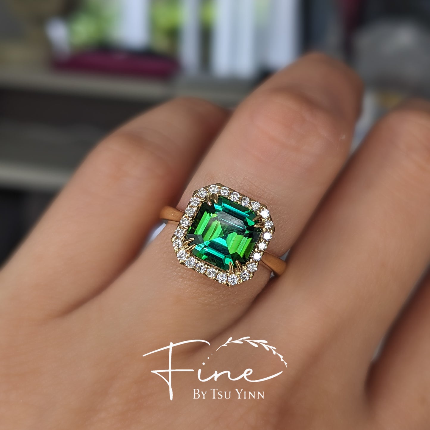 Asscher Cut Green Tourmaline Diamond Halo Ring