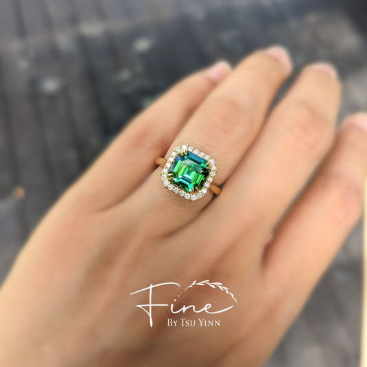 Asscher Cut Green Tourmaline Diamond Halo Ring