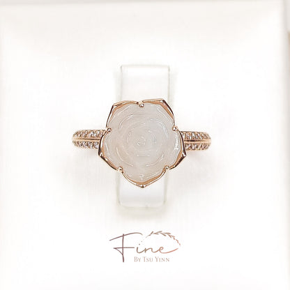 Carved Rose Jadeite Ring with Diamond Knife Band (half)