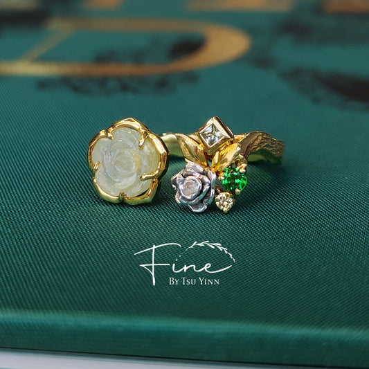 YG Carved Rose Icy Jadeite Ring with Green Sapphire, Tsavorite and Yellow Diamond
