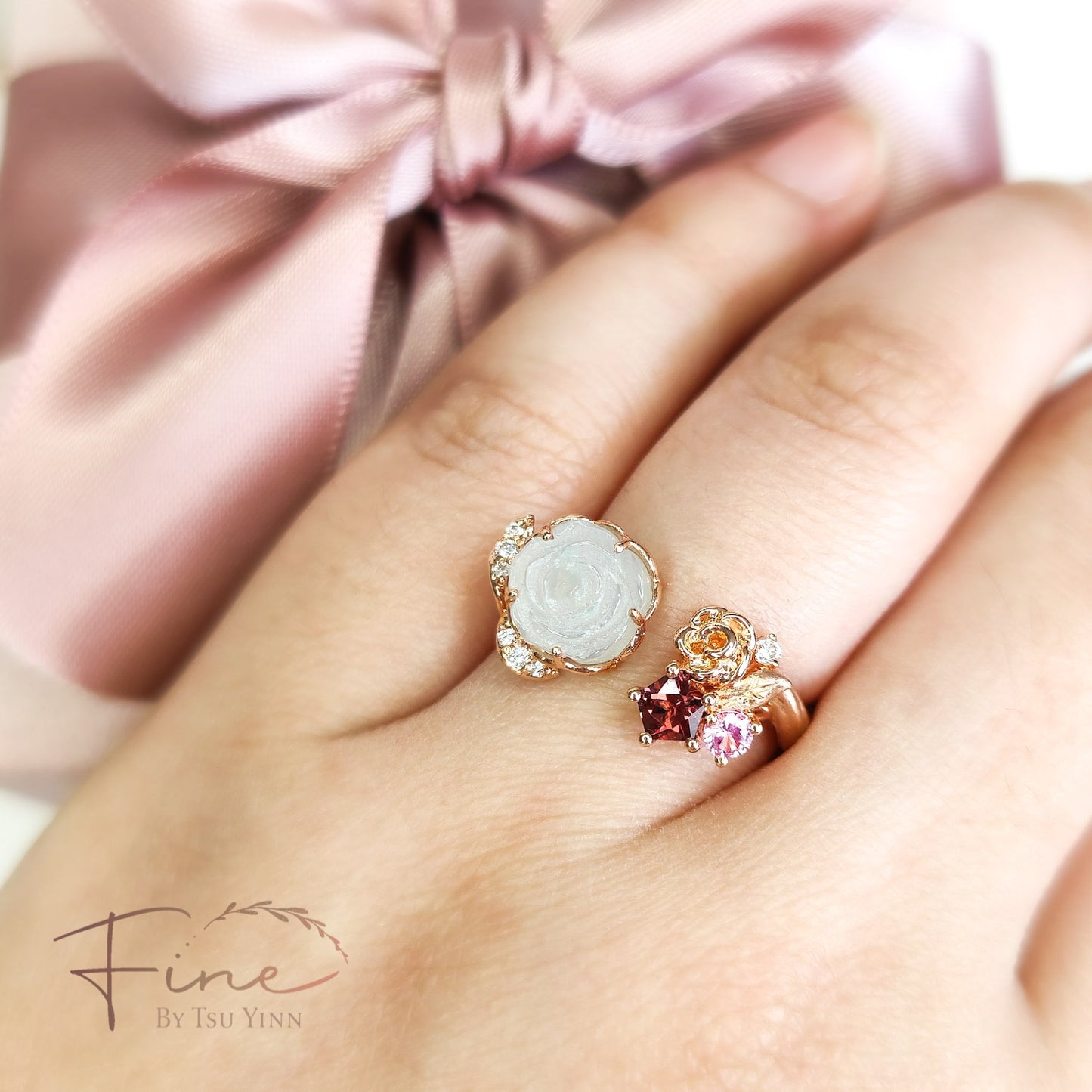 Carved Rose Jadeite Open Ring with Burgundy Spinel, Pink Sapphire and White Diamonds