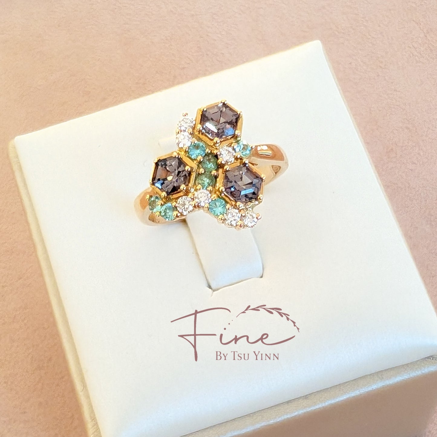 RG Honeycomb Spinels, Diamonds and Paraiba Tourmaline Ring
