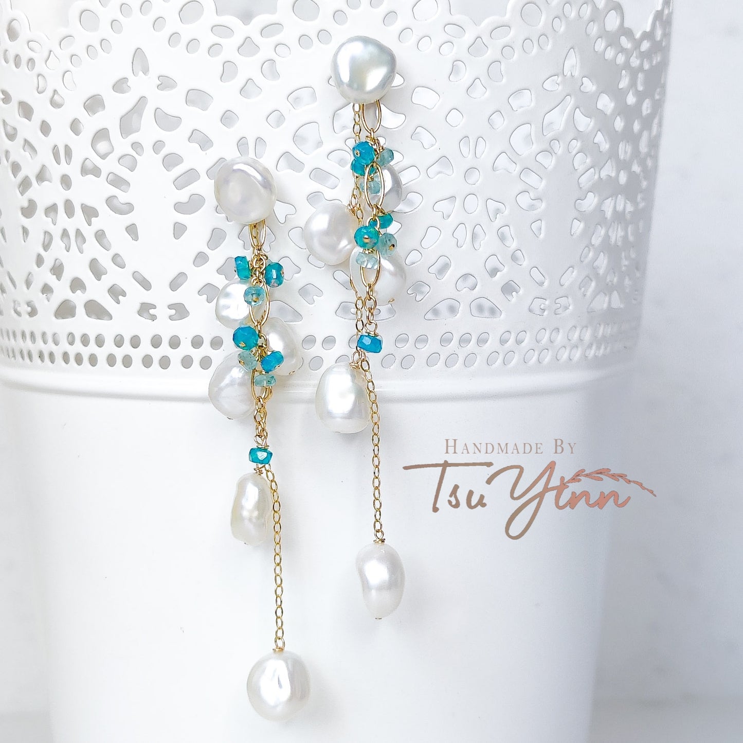 Multiwear Keshi Pearl Baubles Earrings with Blue Fire Opal and Aquamarine in YG